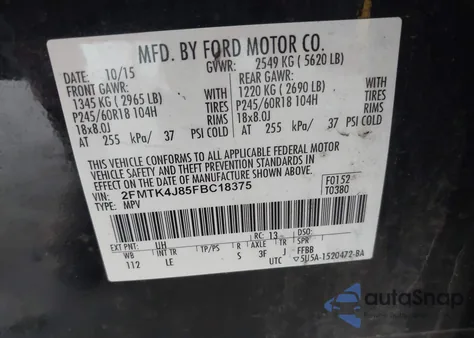 2015 Ford Edge Sel из США, поврежденный, VIN 2FMTK4J85FBC18375